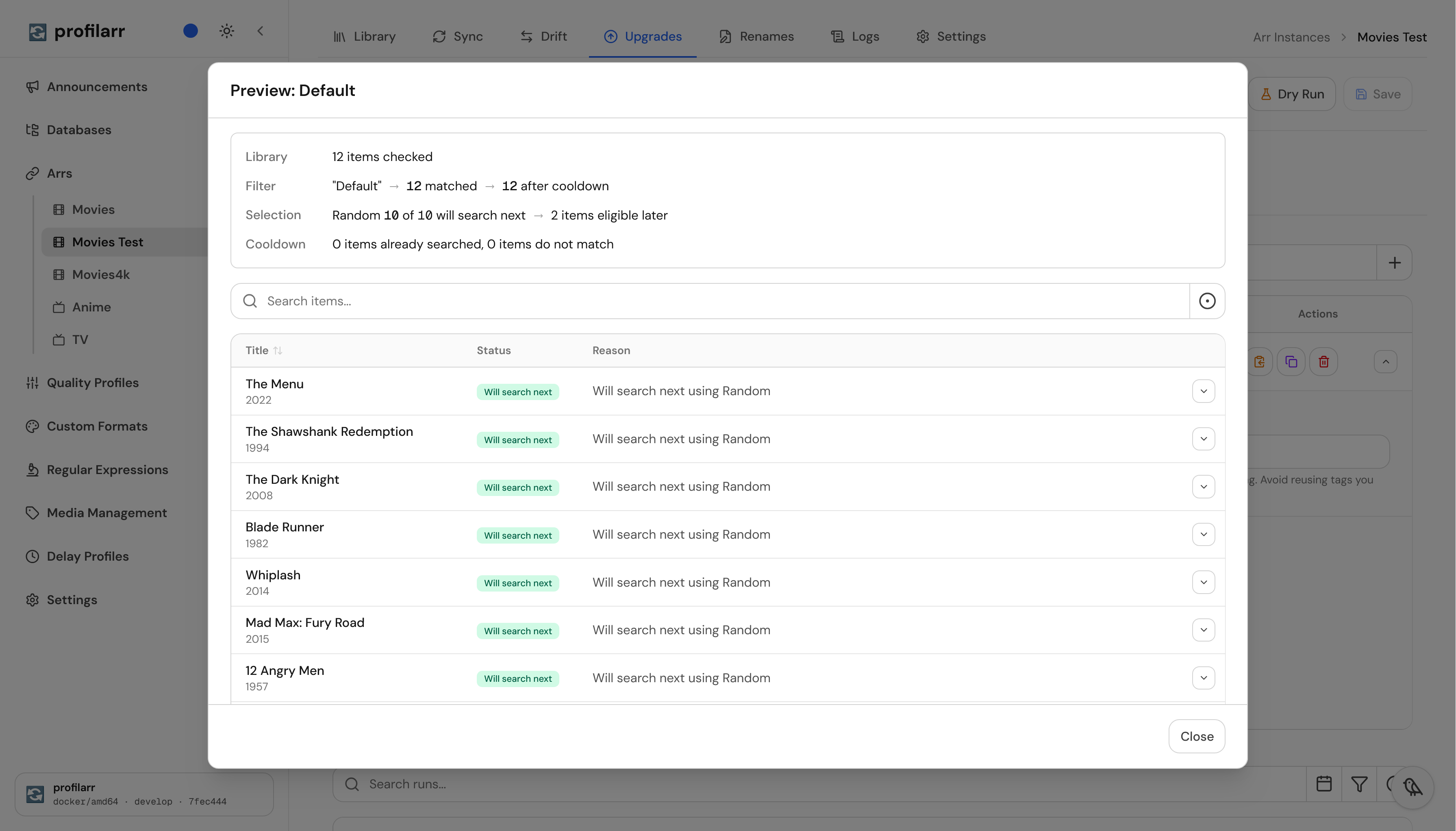 The default filter preview with twelve matching movies, ten selected to search next, and two eligible later